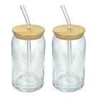Kit 2 Copos Formato Lata 500ml Vidro com Tampa de Bambu e Canudo Reutilizável para Sucos, Café e D