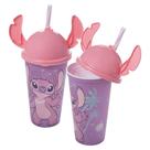 Kit 2 Copos Stitch e Angel 500ml Com Tampa Ludica Canudo Orelhinha para Refri Bpa Free Disney Lembrancinha Festa