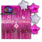 Kit 2 Cortinas Metalizada + 4 Balões Estrelas, Decoração, Festa Temática, Aniversário, Adereços, Festival, Comemoração