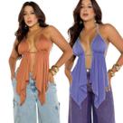 Kit 2 Cropped Alçinha Boho Decotado Com Costas Nuas em Amarração Sexy Kit 2 Cropped Alçinha Boho Decotado Com Costas Nuas em Amarração Sexy