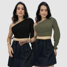 Kit 2 Cropped Blusa T-Shirt Mula Manga Longa Crepe Feminino Moda Blogueira Lançamento 2025