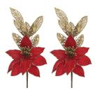 Kit 2 Enfeite Natal Decorativo Poinsettia Vermelho Dourado