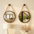 Kit 2 Espelhos Redondo Adnet Decorativo Suspenso com Alça 30cm + Suporte Marrom com Alça Caramelo