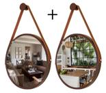Kit 2 Espelhos Redondo Decorativo Suspenso Alça 30cm + Suporte Marrom Alça Caramelo