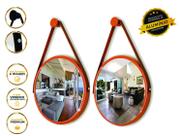Kit 2 Espelhos Redondo Decorativo Suspenso Alça 40cm + suporte Cobre Alça Caramelo