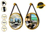 Kit 2 Espelhos Redondo Decorativo Suspenso Alça 40cm + suporte Dourado alça caramelo