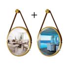 Kit 2 Espelhos Redondo Decorativo Suspenso Alça 40cm + suporte Dourado alça caramelo