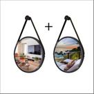 Kit 2 Espelhos Redondo Decorativo Suspenso Alça 40cm + Suporte Preto Alça Preta