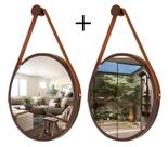 Kit 2 Espelhos Redondo Decorativo Suspenso Alça 50cm + Suporte Marrom Alça Caramelo