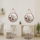 Kit 2 Espelhos Redondo Decorativo Suspenso Alça 60cm + suporte Cobre Alça Caramelo