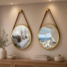 Kit 2 Espelhos Redondo Decorativo Suspenso Alça 60cm + suporte Dourado alça caramelo