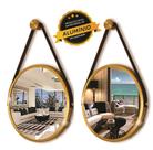 Kit 2 Espelhos Redondo Decorativo Suspenso Alça 60cm + suporte Dourado alça caramelo