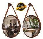 Kit 2 Espelhos Redondo Decorativo Suspenso Alça 60cm + suporte Marrom Alça Caramelo