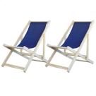 Kit 2 Espreguiçadeira Preguiçosa Dobrável Madeira Maciça Sem Braço Natural Com Tecido Cor Azul Marinho
