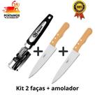 kit 2 facas de cozinha aço 7" inox mais amolador profissional