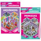 Kit 2 Livros Infantil Adesivos 3D Unicórnios e Princesas Cenários Para Montar Criatividade e Coordenação Motora
