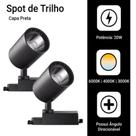 Kit 2 Luminária Preto Trilho Spot Led 20W 3500K Branco Quente