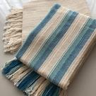 Kit 2 Mantas Para Sofá Azul De Faixa E Cru Luxo 100% Algodão Tear Mineiro Artesanal