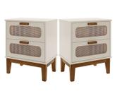 kit 2 mesa de cabeceira pé de madeira 2 gavetas espaçosas Santorini 45cm decoração clássica com tela indiana
