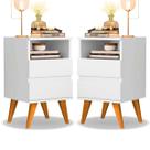 Kit 2 Mesas de Cabeceira Quarto Apoio Lateral Cama Box Casal Estilo Decoração Retrô Pop 2 Gavetas - Branco/Nature