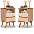 Kit 2 Mesas de Cabeceira Quarto Apoio Lateral Cama Box Casal Estilo Decoração Retrô Pop 2 Gavetas - Offwhite/Nature