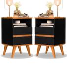 Kit 2 Mesas de Cabeceira Quarto Apoio Lateral Cama Box Casal Estilo Decoração Retrô Pop 2 Gavetas - Preto/Nature