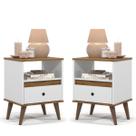 Kit 2 Mesas de Cabeceira Quarto Apoio Lateral Cama Box Casal Estilo Decoração Retrô Ted 1 Gaveta - Branco/Nature