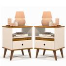 Kit 2 Mesas de Cabeceira Quarto Apoio Lateral Cama Box Casal Estilo Decoração Retrô Ted 1 Gaveta - Offwhite/Nature