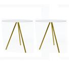 Kit 2 Mesas Lateral Decorativa Gabriela Base Dourada Tampo Redondo Branco