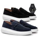 Kit 2 Mocassim Masculino Sola Alta Macio Loafer Derby em Camurça Costurado e Relógio