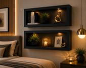 Kit 2 Nichos Decorativos MDF Preto Premium 40x20x10cm Parede Sala Quarto Banheiro