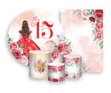 Kit 2 Painéis De Festa + Trio De Capas Cilindro - 15 Anos Princesa Vermelho 054