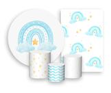 Kit 2 Painéis De Festa + Trio De Capas Cilindro - Arco-Íris Boho Azul 001