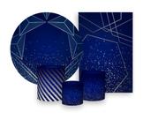 Kit 2 Painéis De Festa + Trio De Capas Cilindro - Azul Geométrico Prateado Efeito Glitter 002