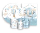 Kit 2 Painéis De Festa + Trio De Capas Cilindro - Balões Aquarela Azul com Bege 002 Kit 2 Painéis De Festa + Trio De Capas Cilindro - Balões Aquarela Azul com Bege 002