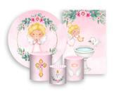 Kit 2 Painéis De Festa + Trio De Capas Cilindro - Batizado Rosa Anjinhas Loira 010