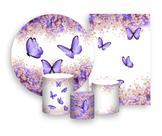 Kit 2 Painéis De Festa + Trio De Capas Cilindro - Borboleta Lilás Floral 012 Kit 2 Painéis De Festa + Trio De Capas Cilindro - Borboleta Lilás Floral 012
