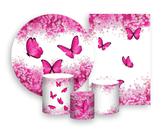 Kit 2 Painéis De Festa + Trio De Capas Cilindro - Borboleta Pink Floral 013 Kit 2 Painéis De Festa + Trio De Capas Cilindro - Borboleta Pink Floral 013