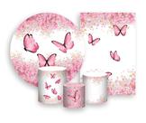 Kit 2 Painéis De Festa + Trio De Capas Cilindro - Borboleta Rosa Suave Floral 014