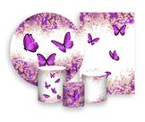 Kit 2 Painéis De Festa + Trio De Capas Cilindro - Borboleta Roxo Floral 015