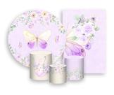 Kit 2 Painéis De Festa + Trio De Capas Cilindro - Borboletas Aquarela Lilás Suave 010