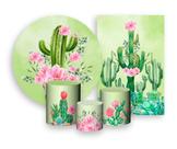 Kit 2 Painéis De Festa + Trio De Capas Cilindro - Cacto Flores Rosa 002