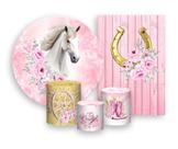 Kit 2 Painéis De Festa + Trio De Capas Cilindro - Cavalo Branco Boiadeira com Flores Rosas 015