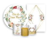 Kit 2 Painéis De Festa + Trio De Capas Cilindro - Chá de Casa Nova Geométrico Flores Dourado 001