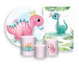 Kit 2 Painéis De Festa + Trio De Capas Cilindro - Dinossauro Aquarela Rosa 006