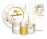 Kit 2 Painéis De Festa + Trio De Capas Cilindro - Dourado com Flores Brancas Feliz Aniversário 057