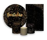 Kit 2 Painéis De Festa + Trio De Capas Cilindro - Folhagens Efeito Brilhos Gratidão Dourado 042