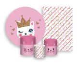 Kit 2 Painéis De Festa + Trio De Capas Cilindro - Gatinha Rosa Coroa Dourada 001