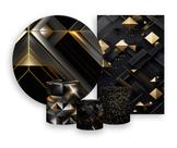 Kit 2 Painéis De Festa + Trio De Capas Cilindro - Geométricas Preto com Dourado 028