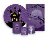 Kit 2 Painéis De Festa + Trio De Capas Cilindro - Halloween Roxo Listrado Castelo Assombrado 009